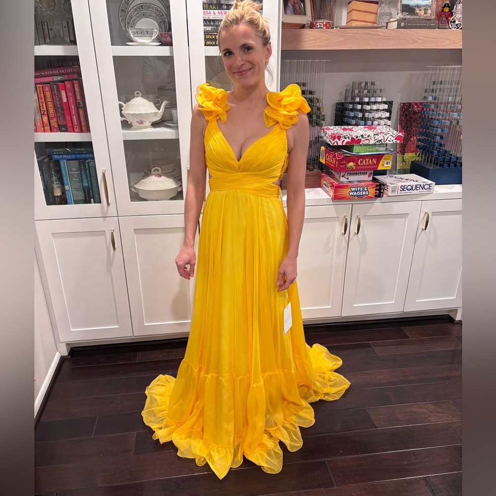 Yellow Ruffle Tiered Cut-Out Chiffon Gown